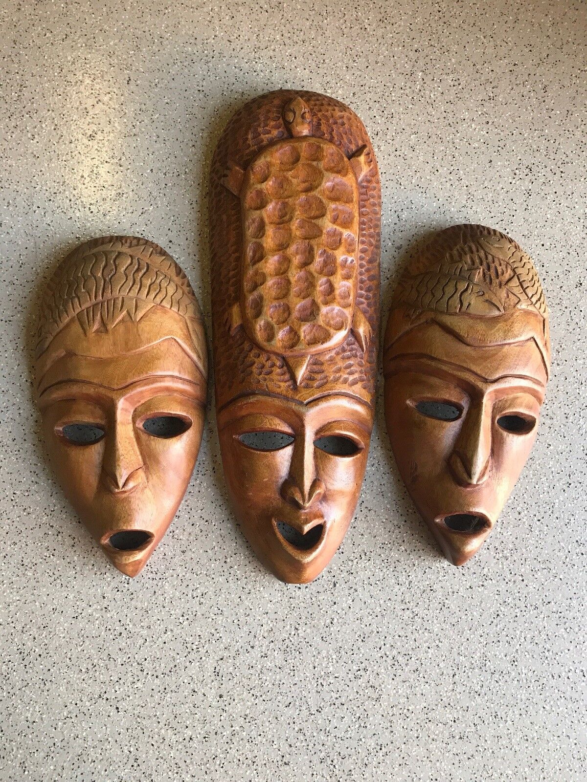 3 Authentic Wooden Hand Carved African Style  Masks Wall Artwork Carving Art