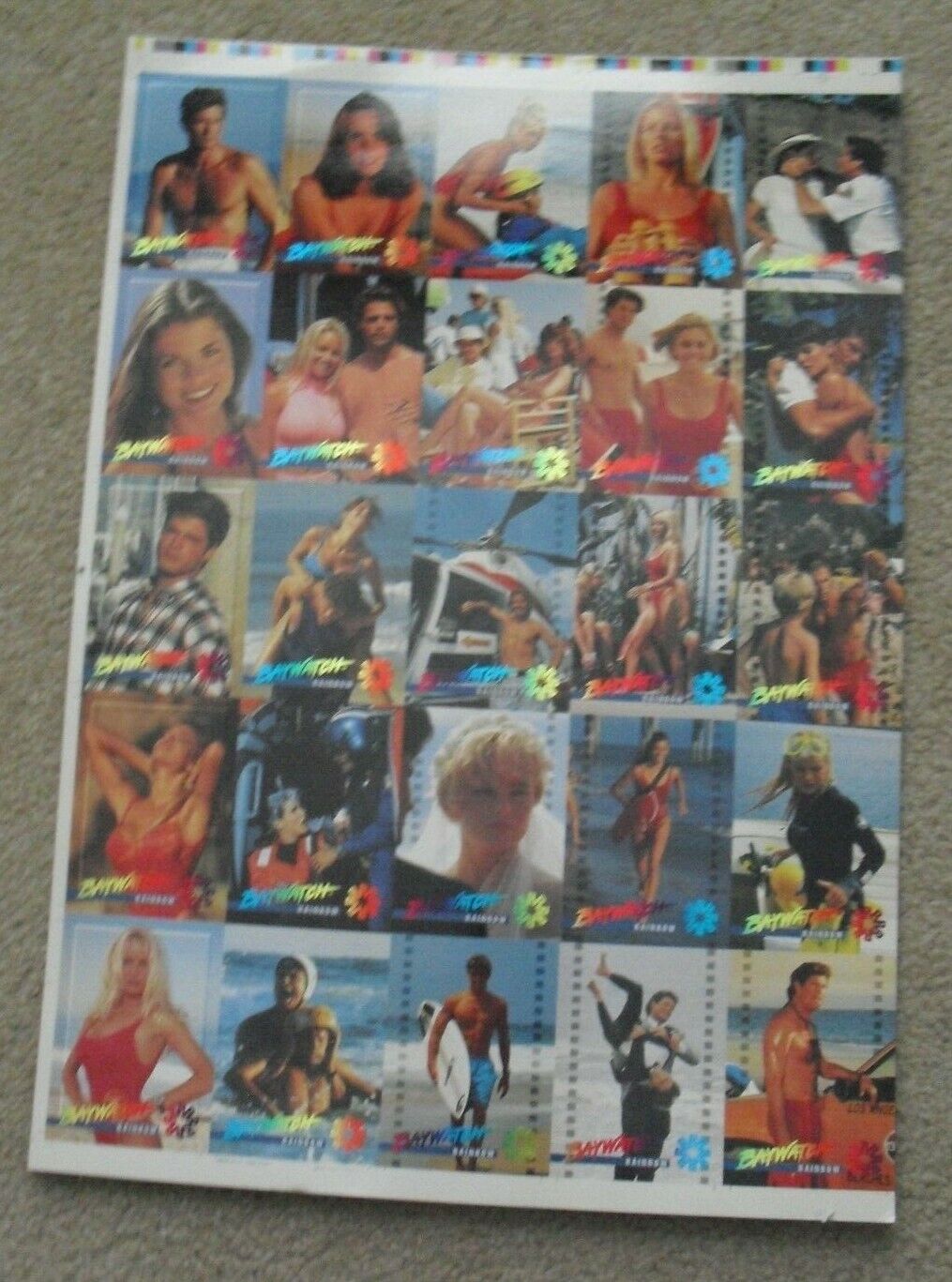 Rare Uncut 1995 Sheet of Baywatch Rainbow Insert Trading Cards