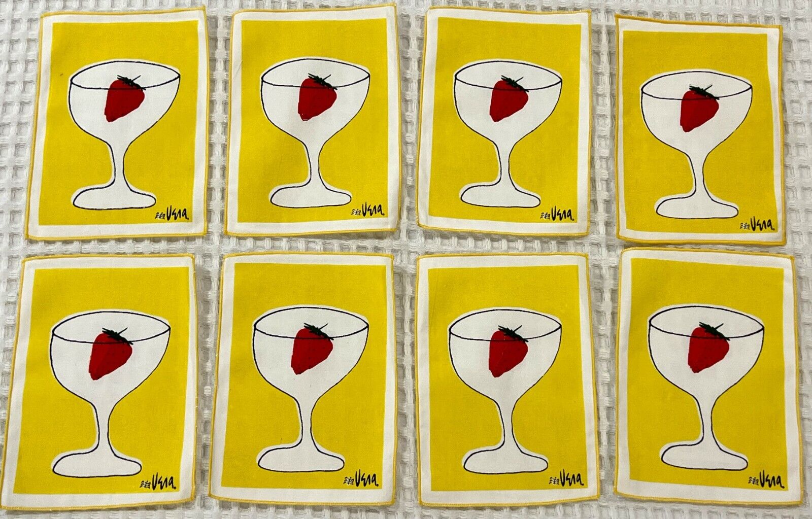 8 Vintage Vera Neumann Cocktail Napkins Martini Glass Strawberry Yellow White