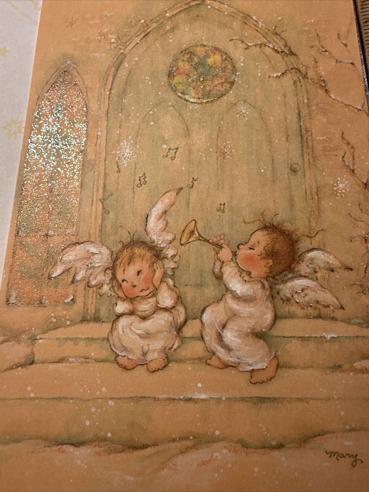 Vtg Unused Christmas Card Mary Hamilton Angels Glitter Church Hallmark W/Env