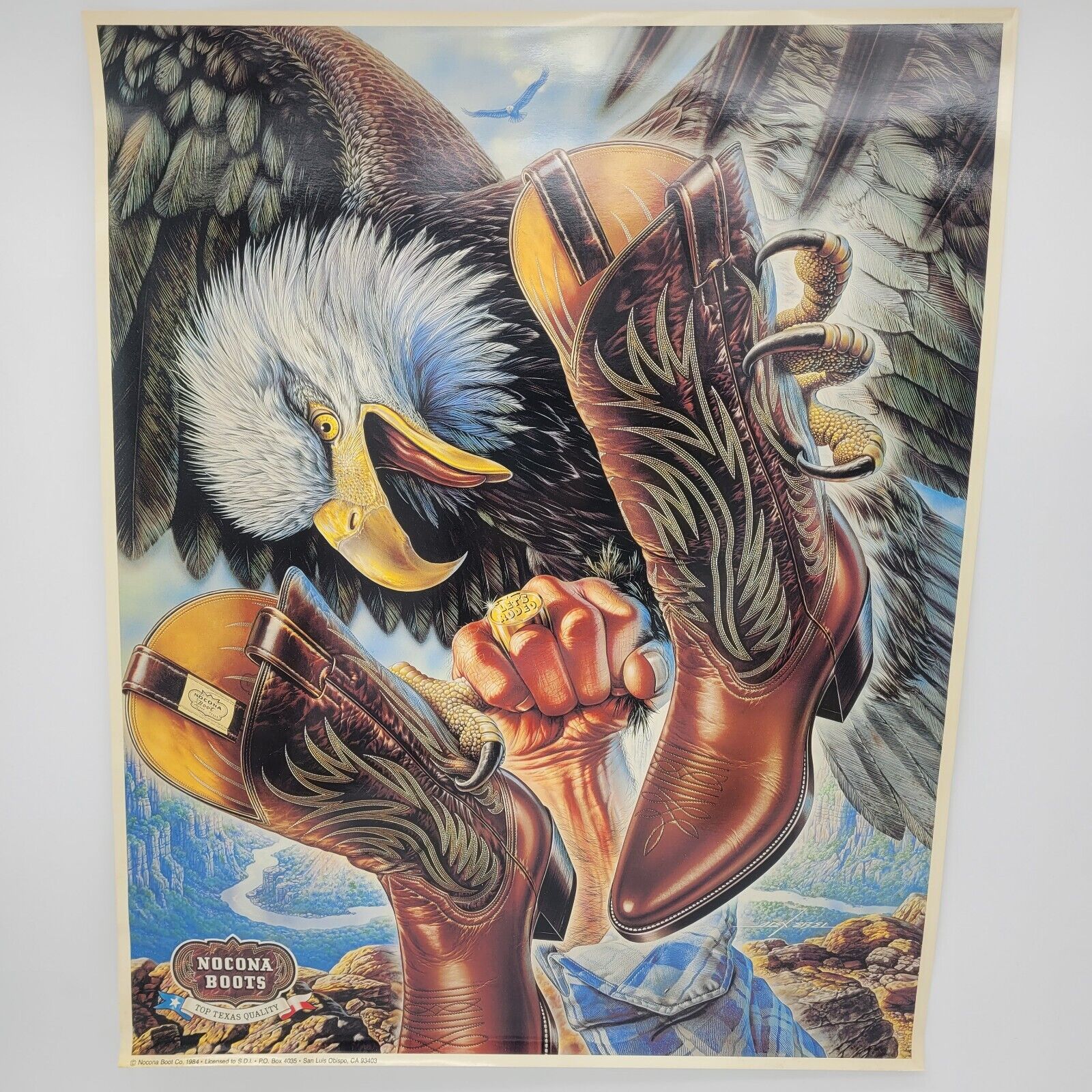 Vintage 1984 Nocona Boot Co Advertising Poster Bald Eagle Western Cowboy 24x19