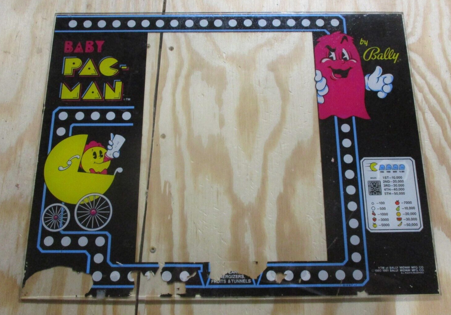 Bally Baby Pac-Man Pinball Screened Glass Score Board Video Arcade