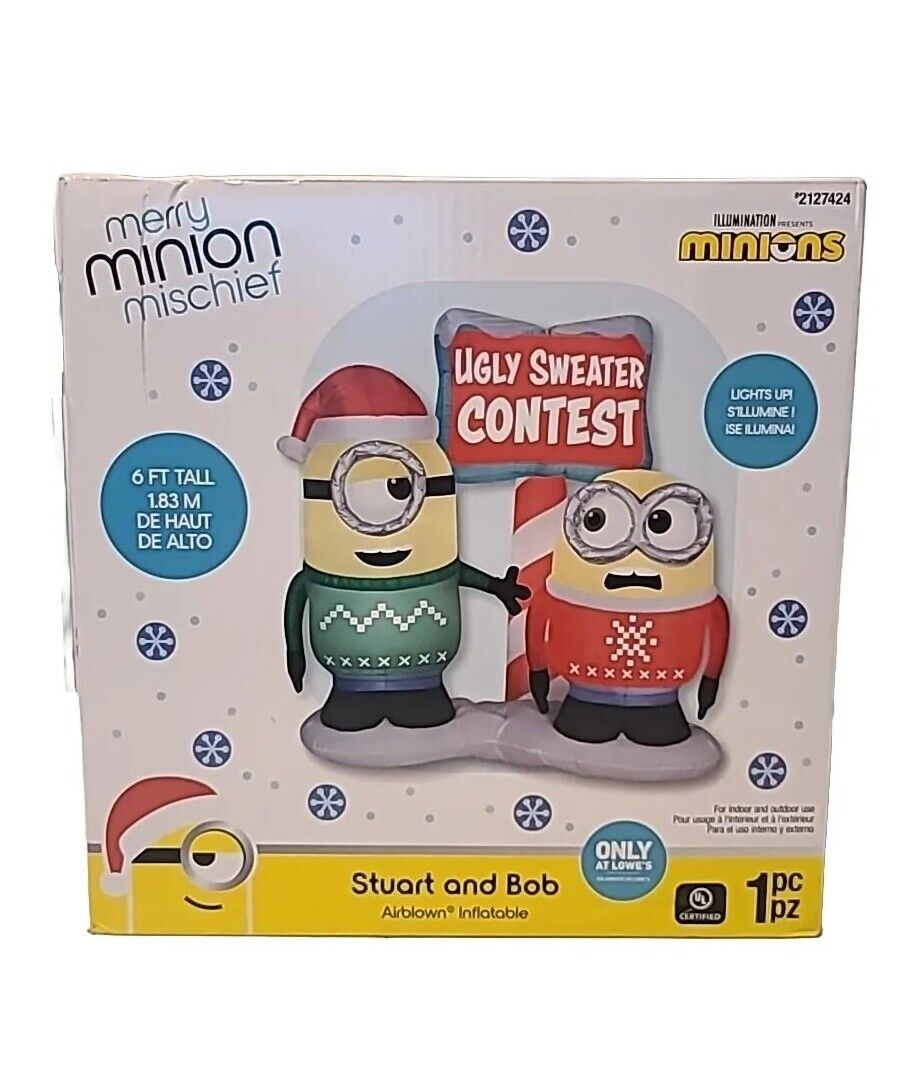 6 Ft Minions Ugly Sweater Contest Lighted Yard Inflatable - Never Opened in Box