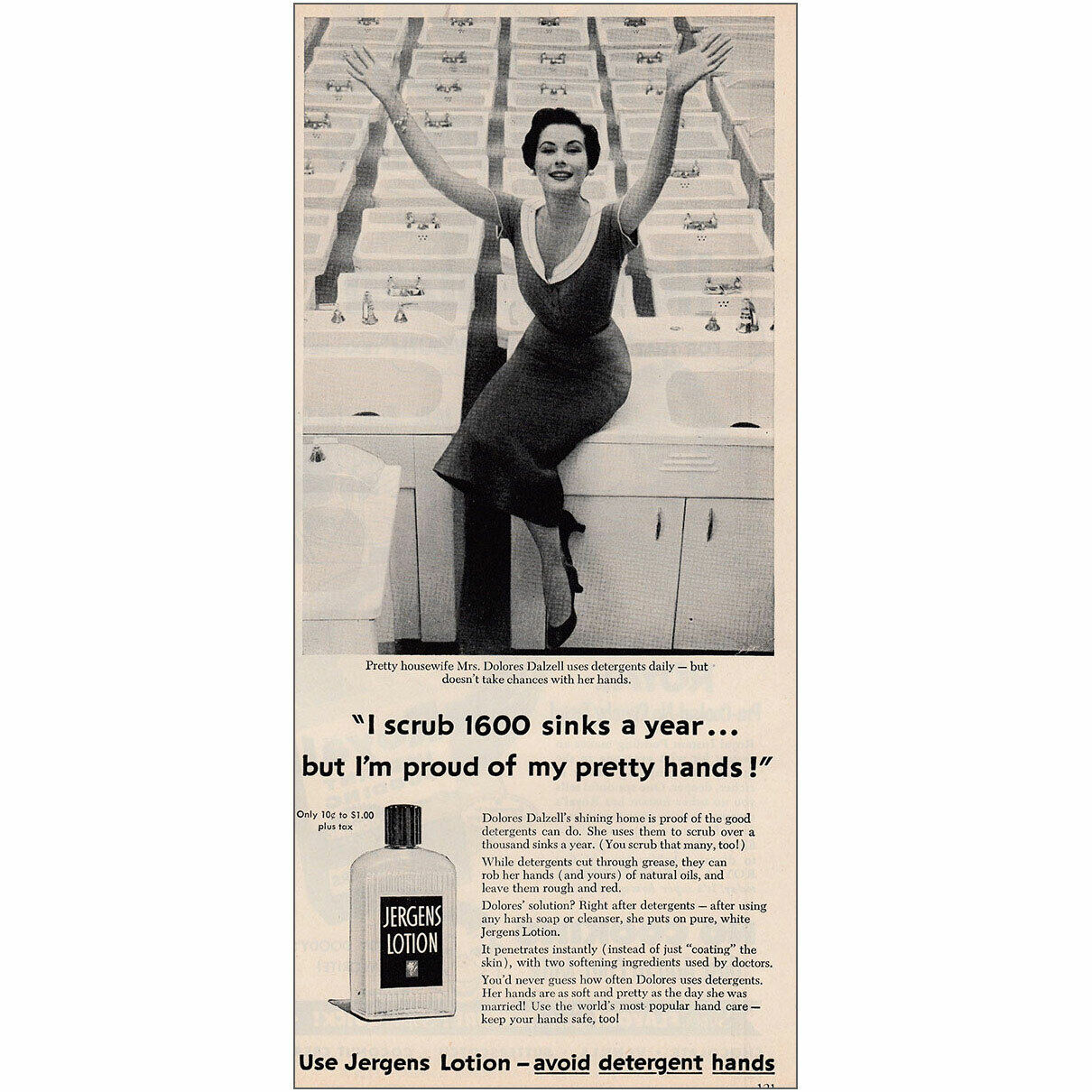 1954 Jergens Lotion: I Scrub 16 Sinks a Year Dalzell Vintage Print Ad