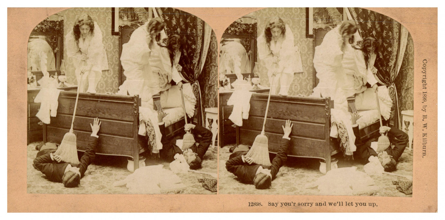 Women Beating Men with a Broom, ca.1880, Stereo Vintage Stereo Print, 