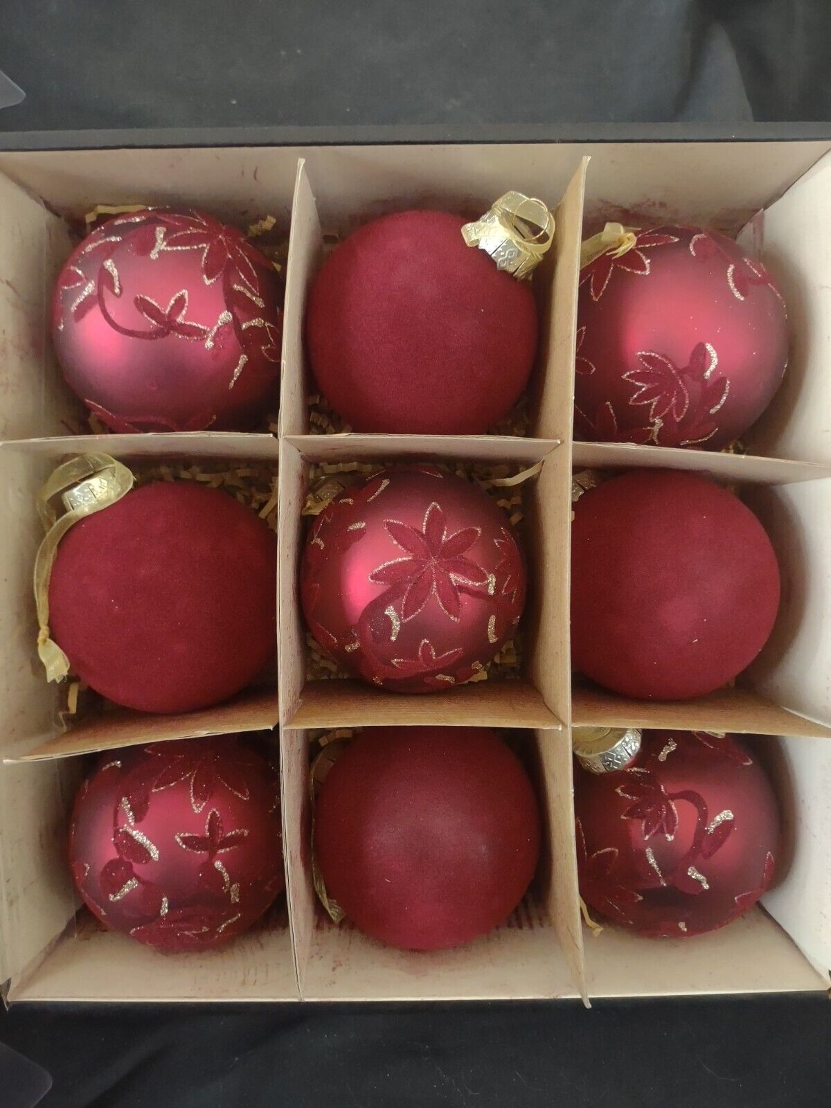Set of 9 Rachel Zoe Glass Ornaments 3” Dark Red 4 are Fuzzy New in Box