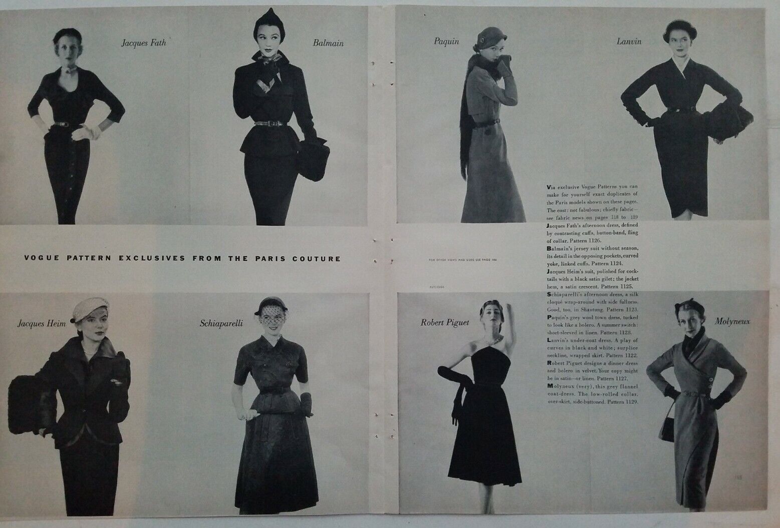 1951 Fath Balmain Paquin Lanvin Heim Schiaparelli Molyneux women\'s dress ad