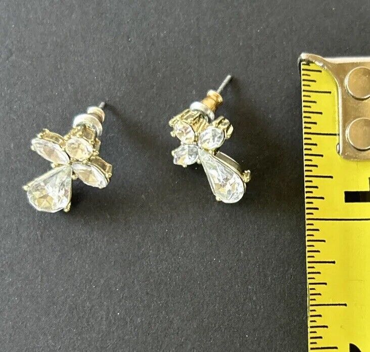 Vintage Angel Earrings Christian Catholic Faith Prong Set Lapel Pin Clear Stones