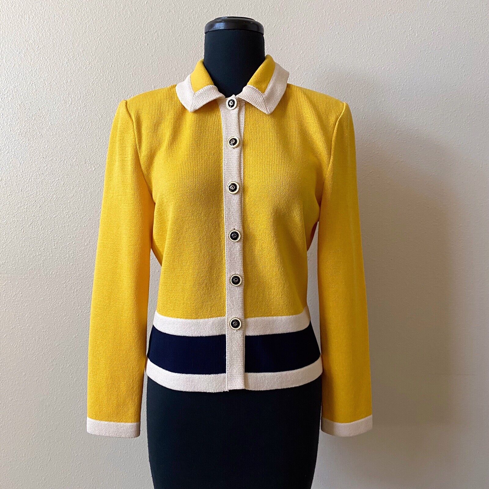 ST. John Button Cardigan Jacket Size 4 Yellow Navy Cream Colorblock Santana Knit