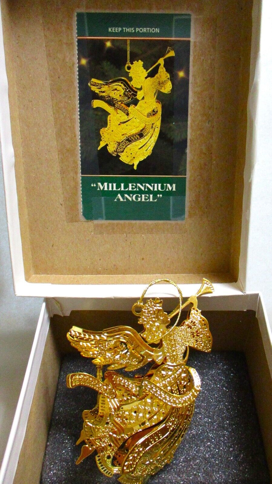 1999 DANBURY MINT ANNUAL GOLD CHRISTMAS ORNAMENT, MILLENNIUM ANGEL, WITH BOX