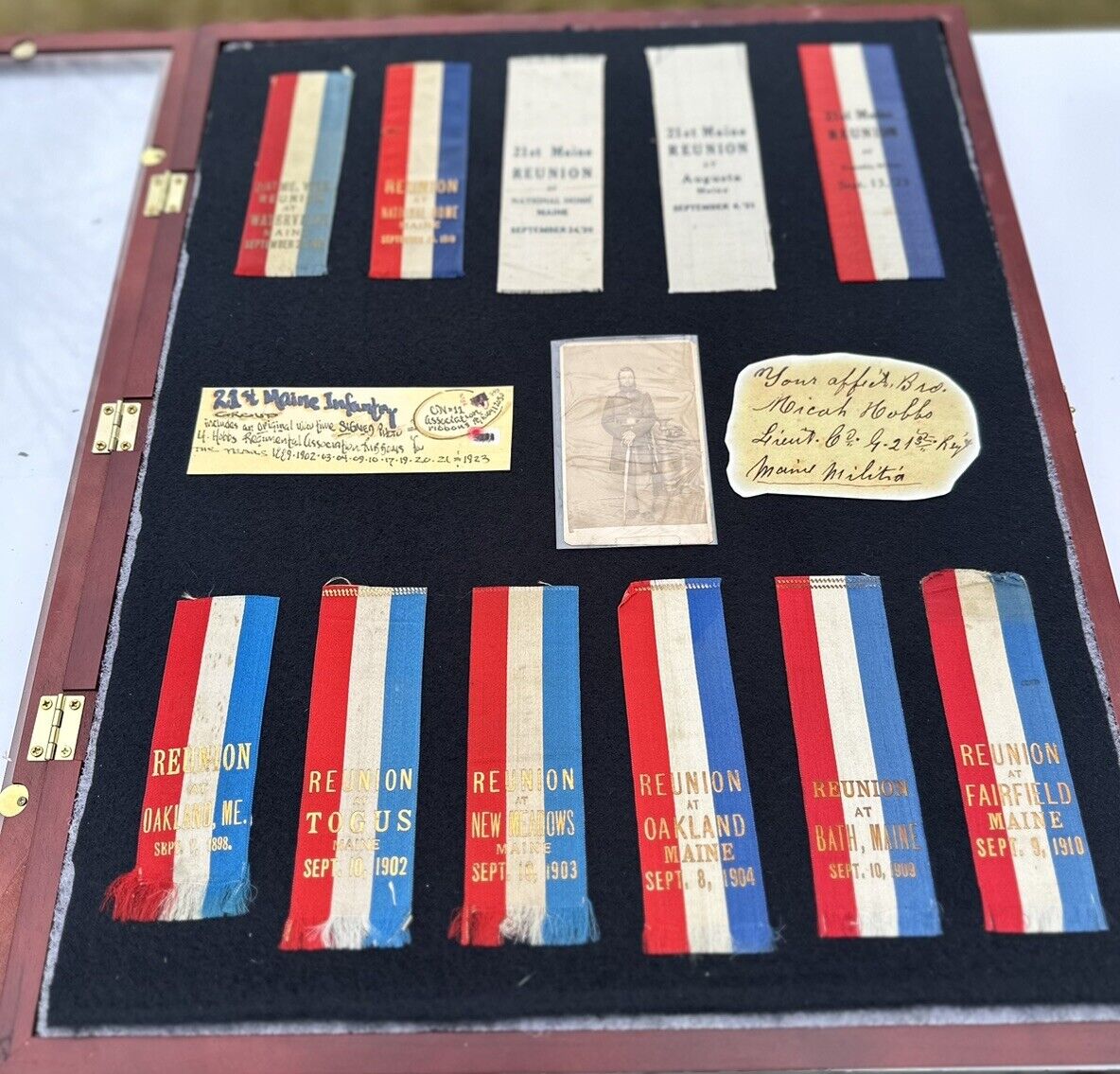 Interesting Group of Signed Cdv Lt Micah Hobbs 21st Maine and 10 Reunion Ribbons