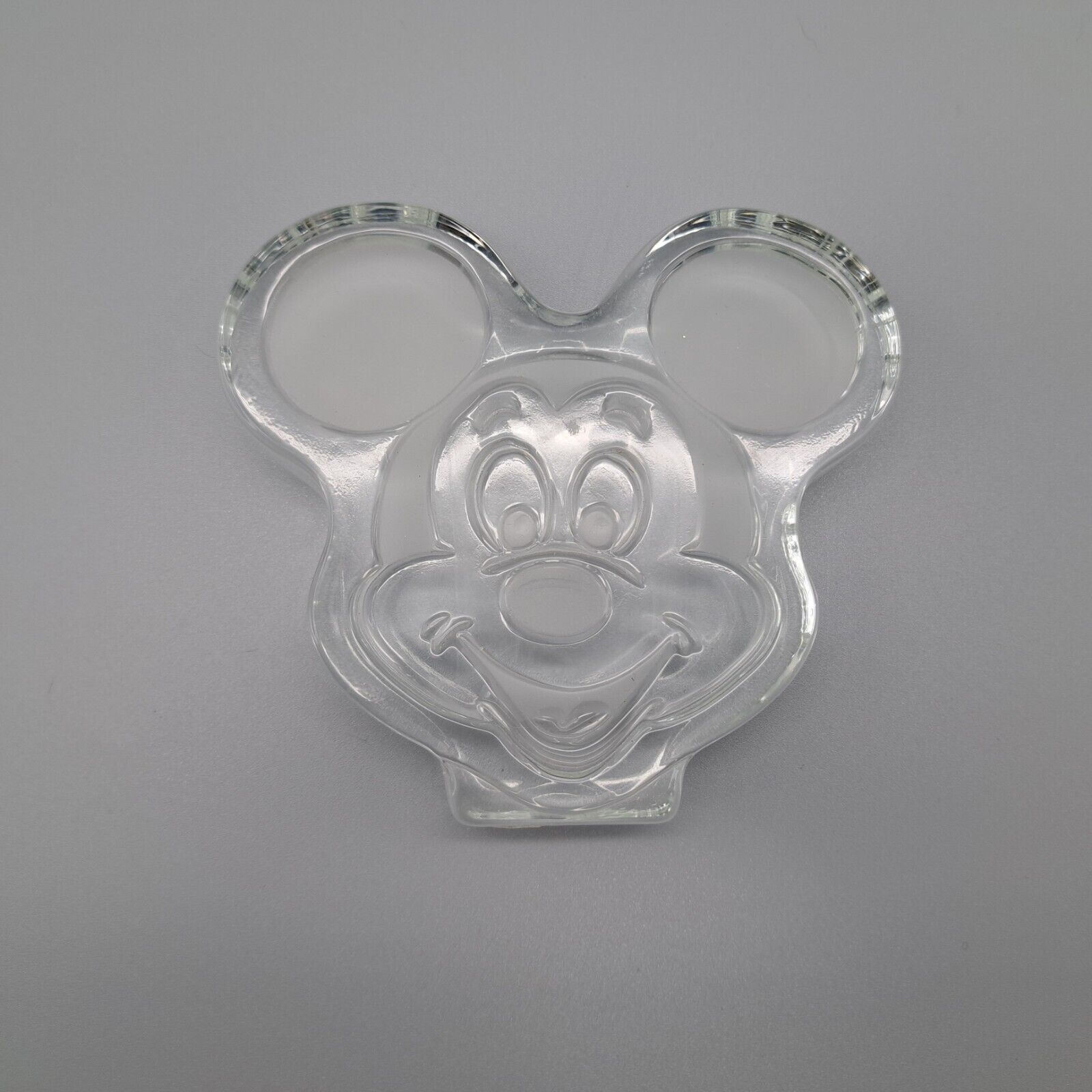 Vintage Mickey Mouse Head Clear Etched Glass Paperweight Frosted Ears