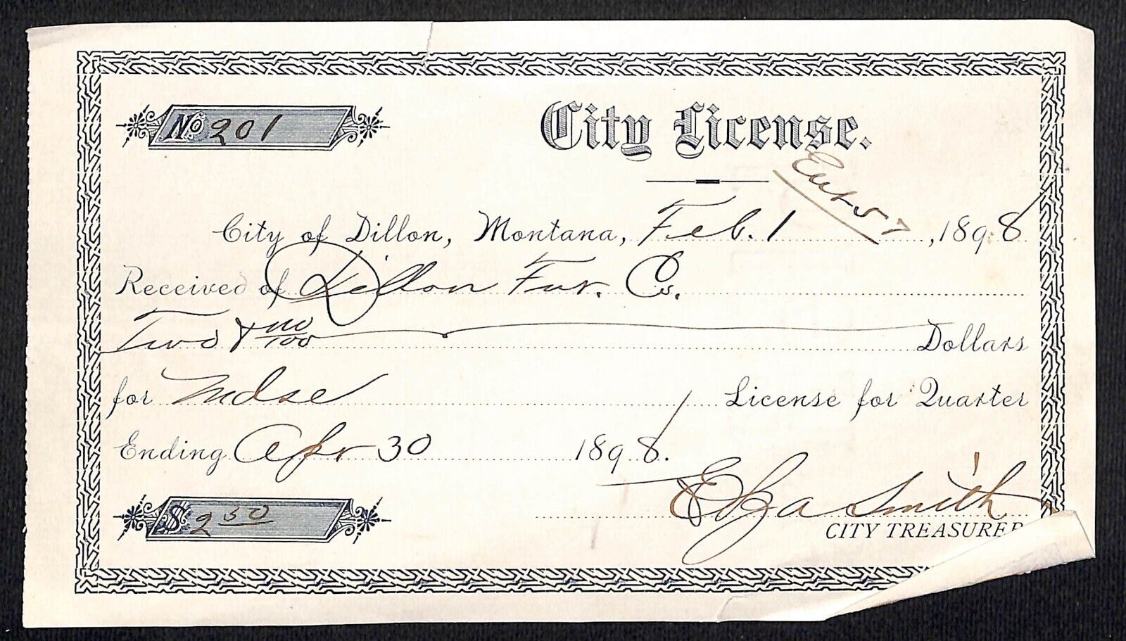 Dillon Montana 1898 City (Business) License Receipt for 