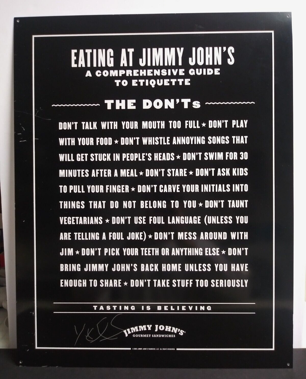 Authentic Jimmy Johns Etiquette THE DONT\'S Metal Tin Sign 22\