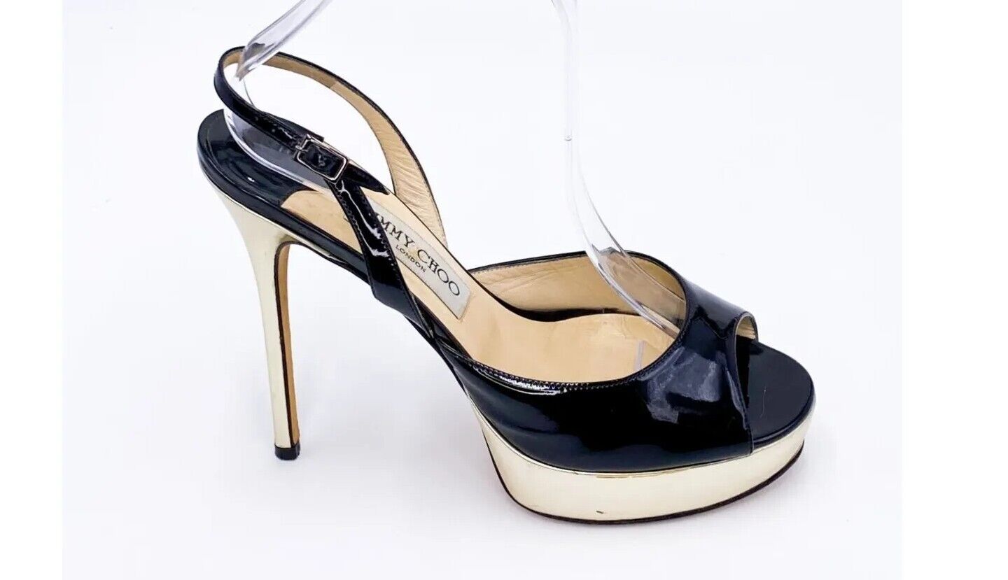 JIMMY CHOO Vintage Sandals Gold Platform Gloss Black Slingback Heels Size 38.5