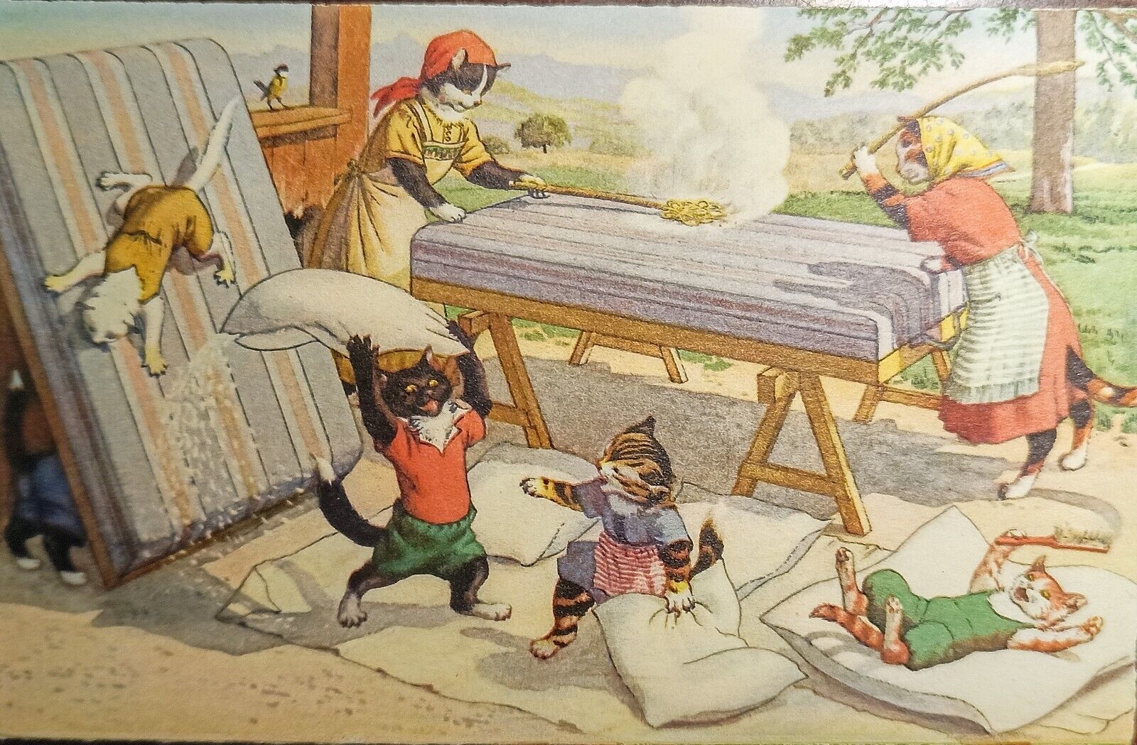 Fantasy -CATS CLEANING SHEETS- 4734 Alfred Mainzer Postcard Anthropomorphic