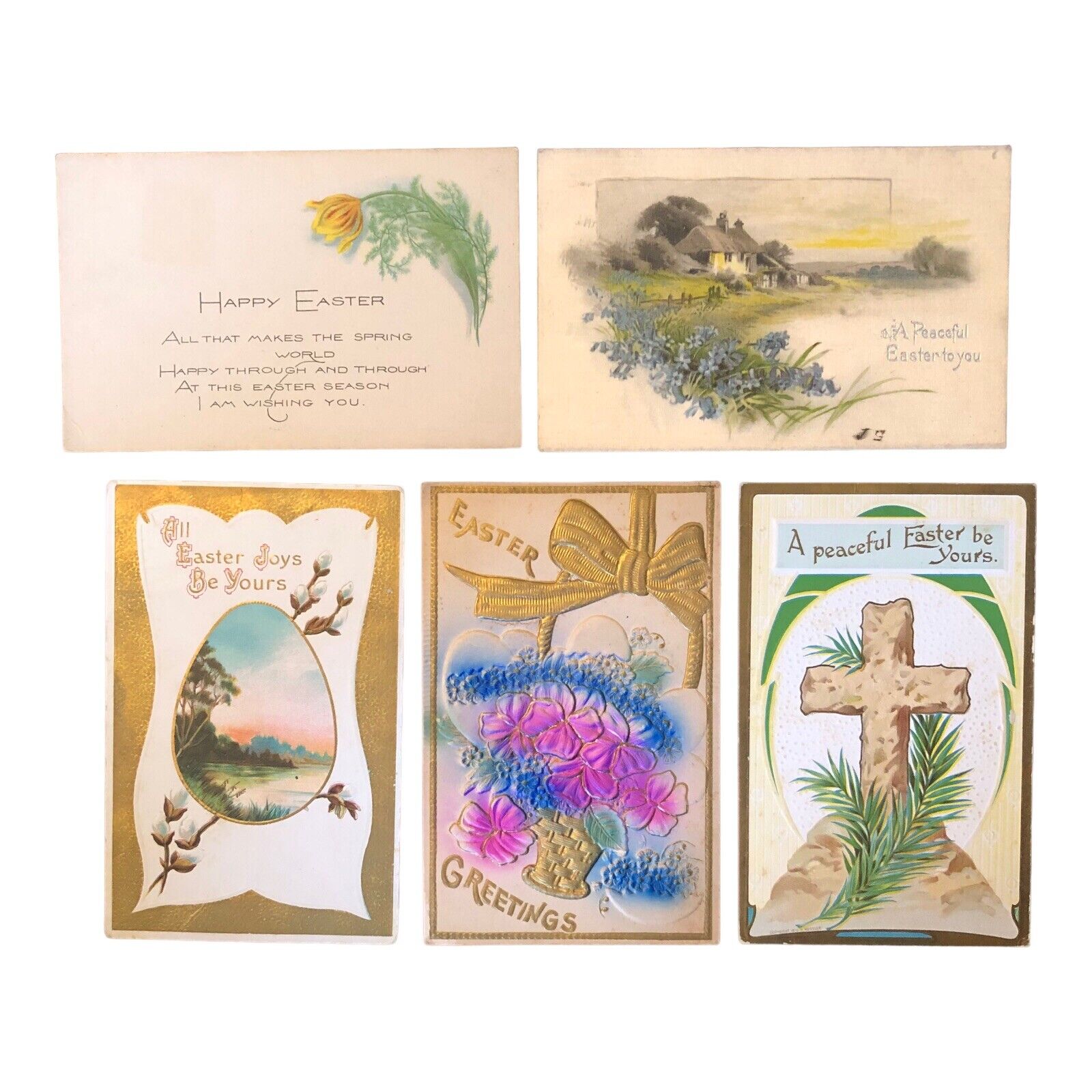 5 Old Antique Easter Greetings Postcards Gilt Embossed Divided Back & Undivided