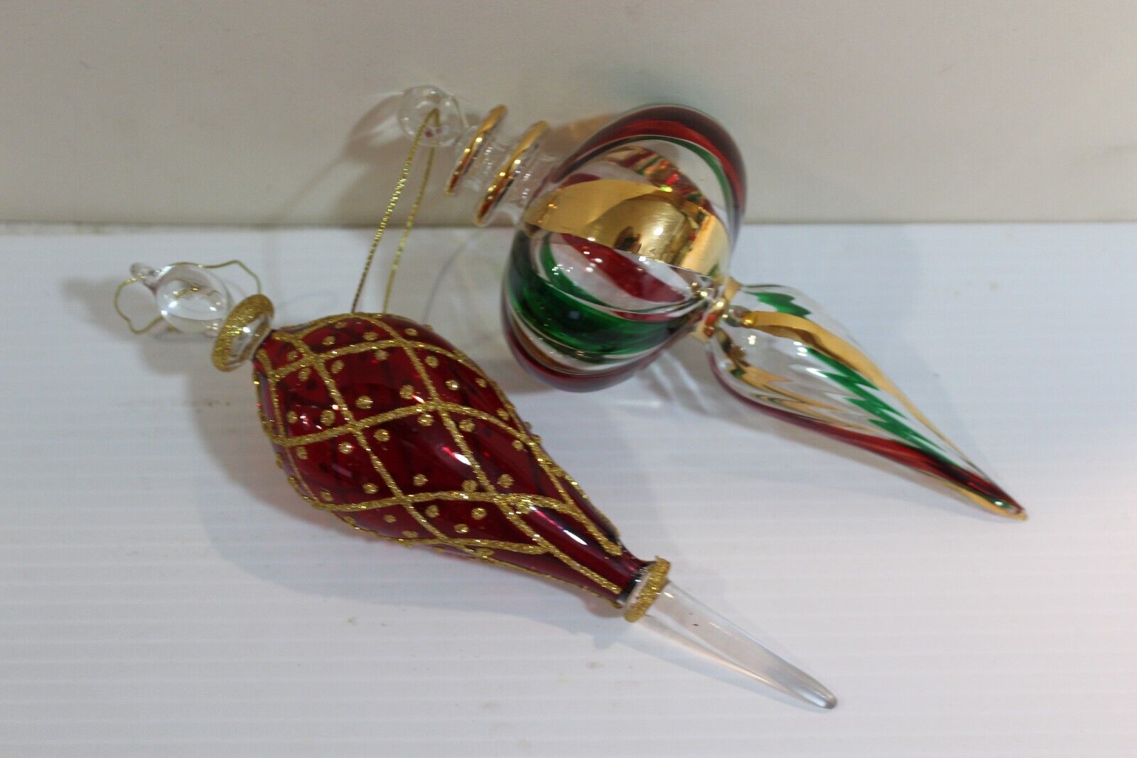 Lot of 2 Egyptian Hand Blown Fancy Gold Glass Christmas Ornaments Red Green