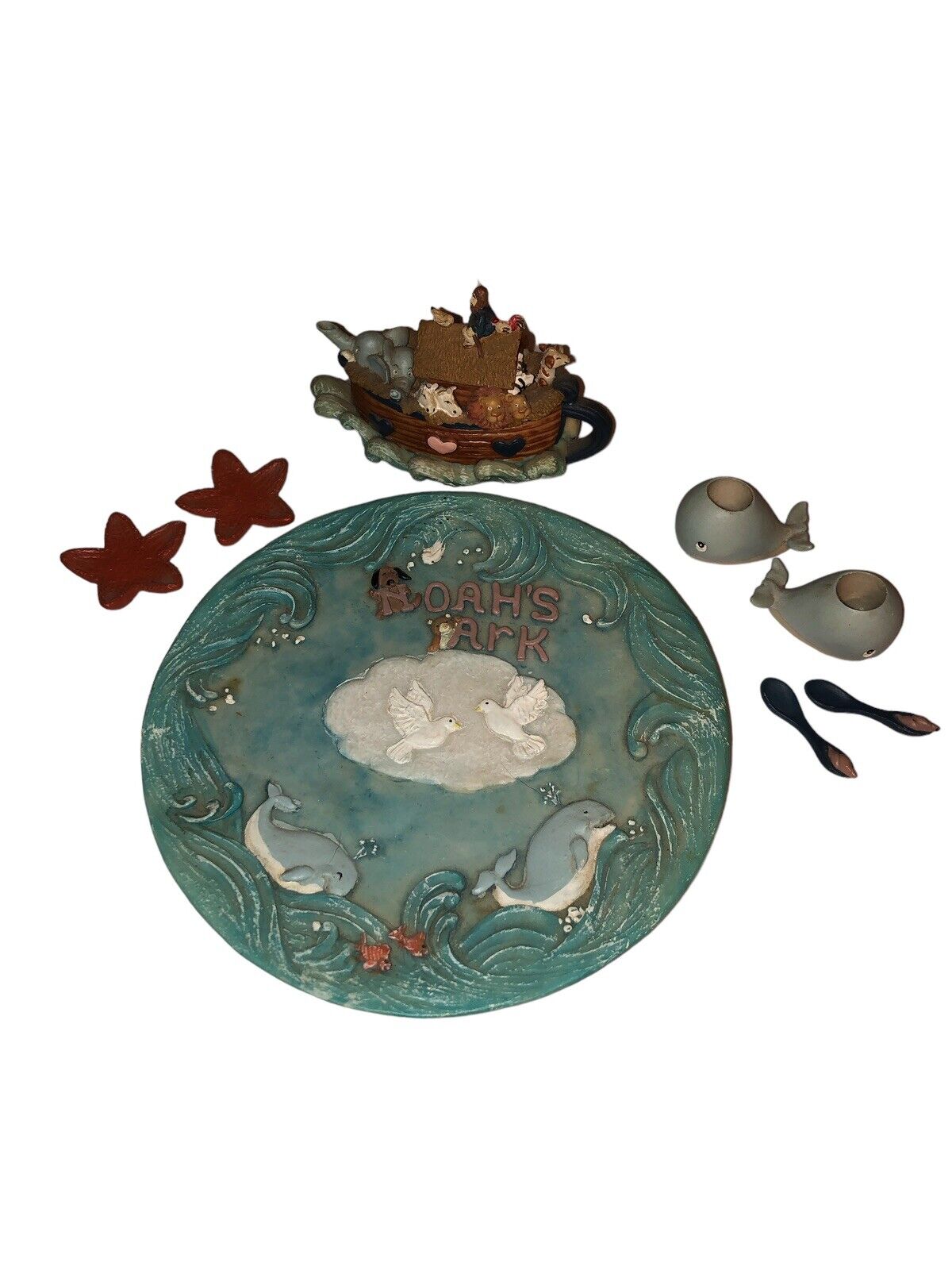 Vintage miniature figure tea set noah’s ark whales star fish Spoons Ark & Plate