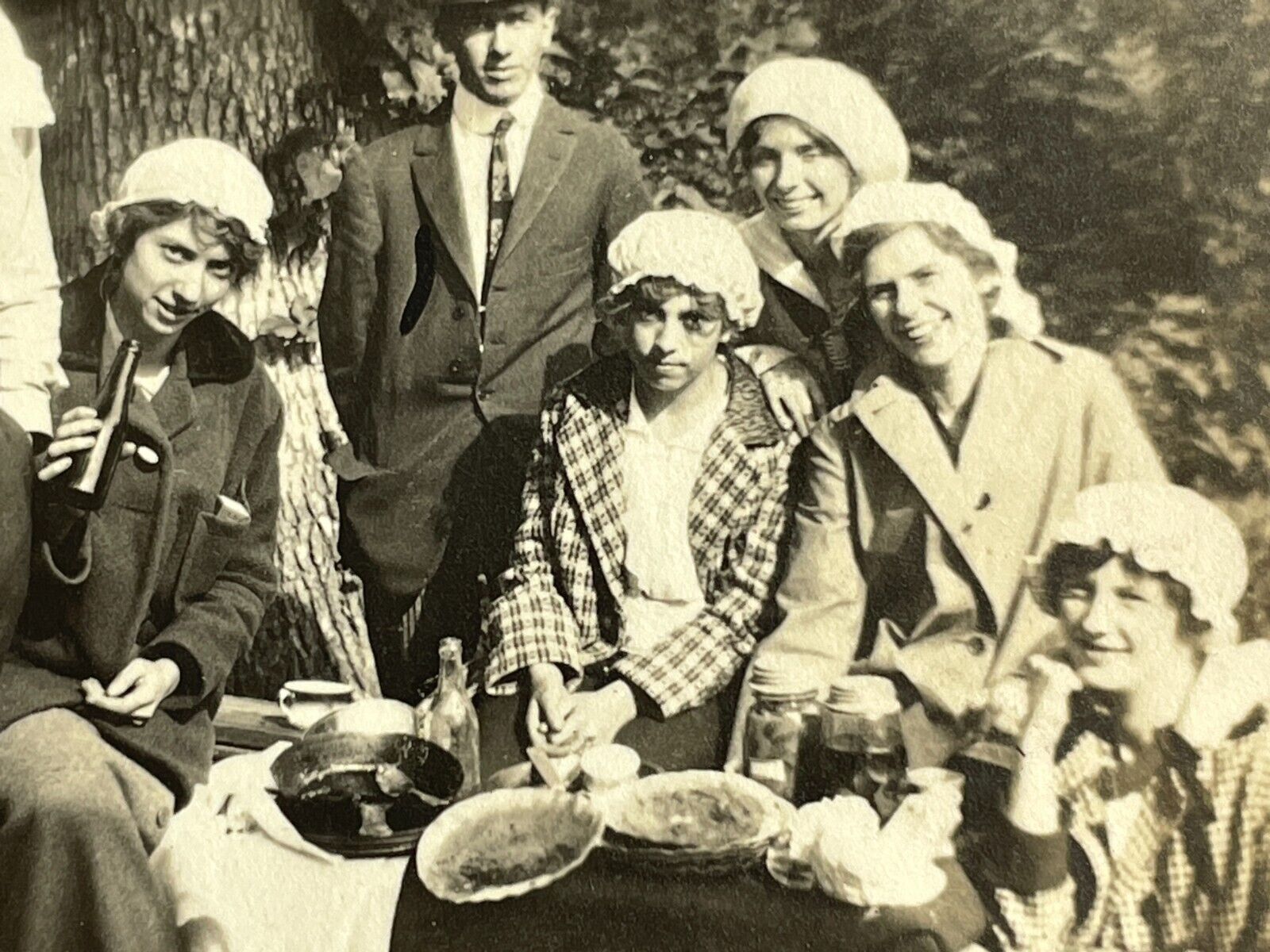 O8 Photograph 1910's Group Drinking Bottle Women Bonnets Party Picnic Style