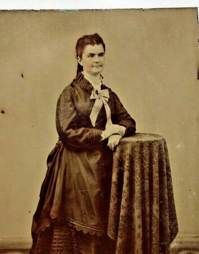 C.1860/70s Tintype Beautiful Woman Victorian Dress Bow. Standing Table Prop. T32