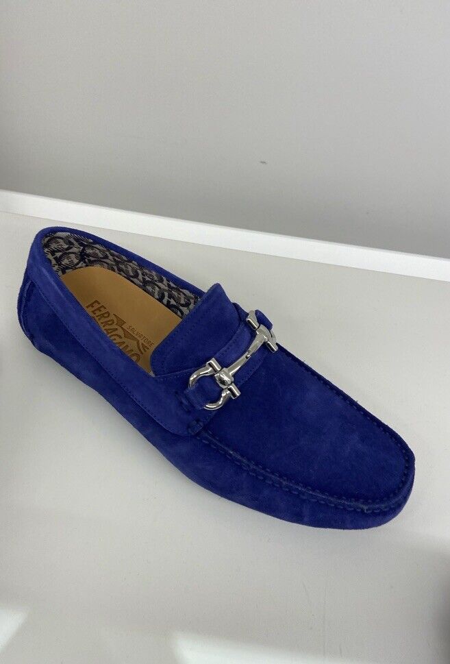 New Salvatore Ferragamo Parigi Eco Men Driver Moccasin Loafers Shoes Blue 8.5