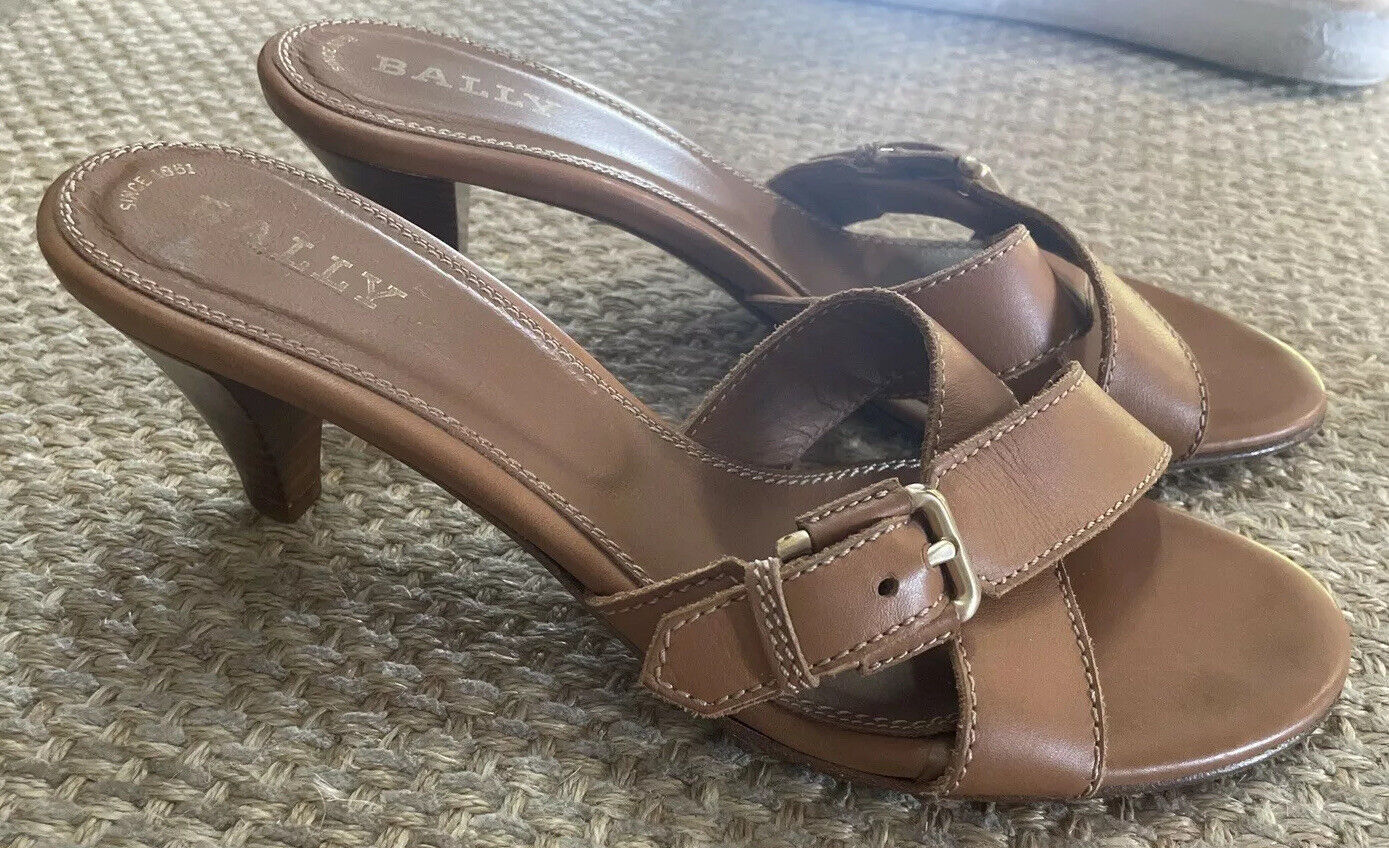 Bally Ofena Brown Leather Mules Sandals 2.5 inch Heels sz 7.5 made in Italy