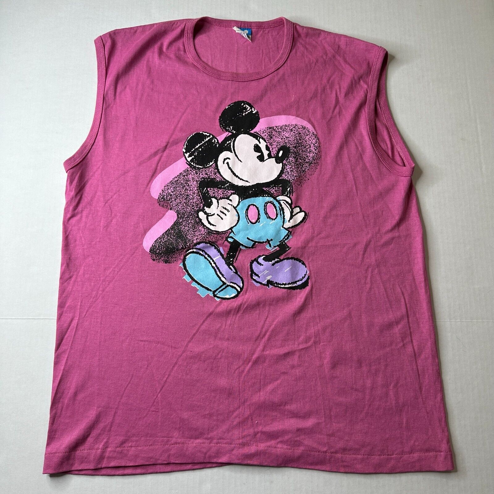 Vintage Disney Mickey Mouse Sleeveless Muscle Shirt Tank Pink 80\'s XL Made in US