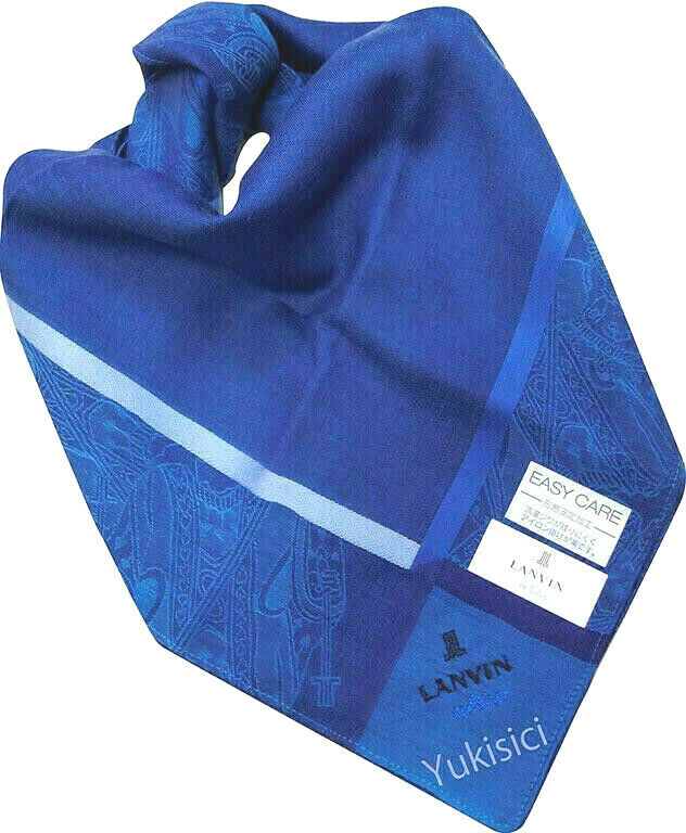 Lanvin en Bleu Men Japan Handkerchief Poker King Logo-Easy Care Cotton-Blue-50cm