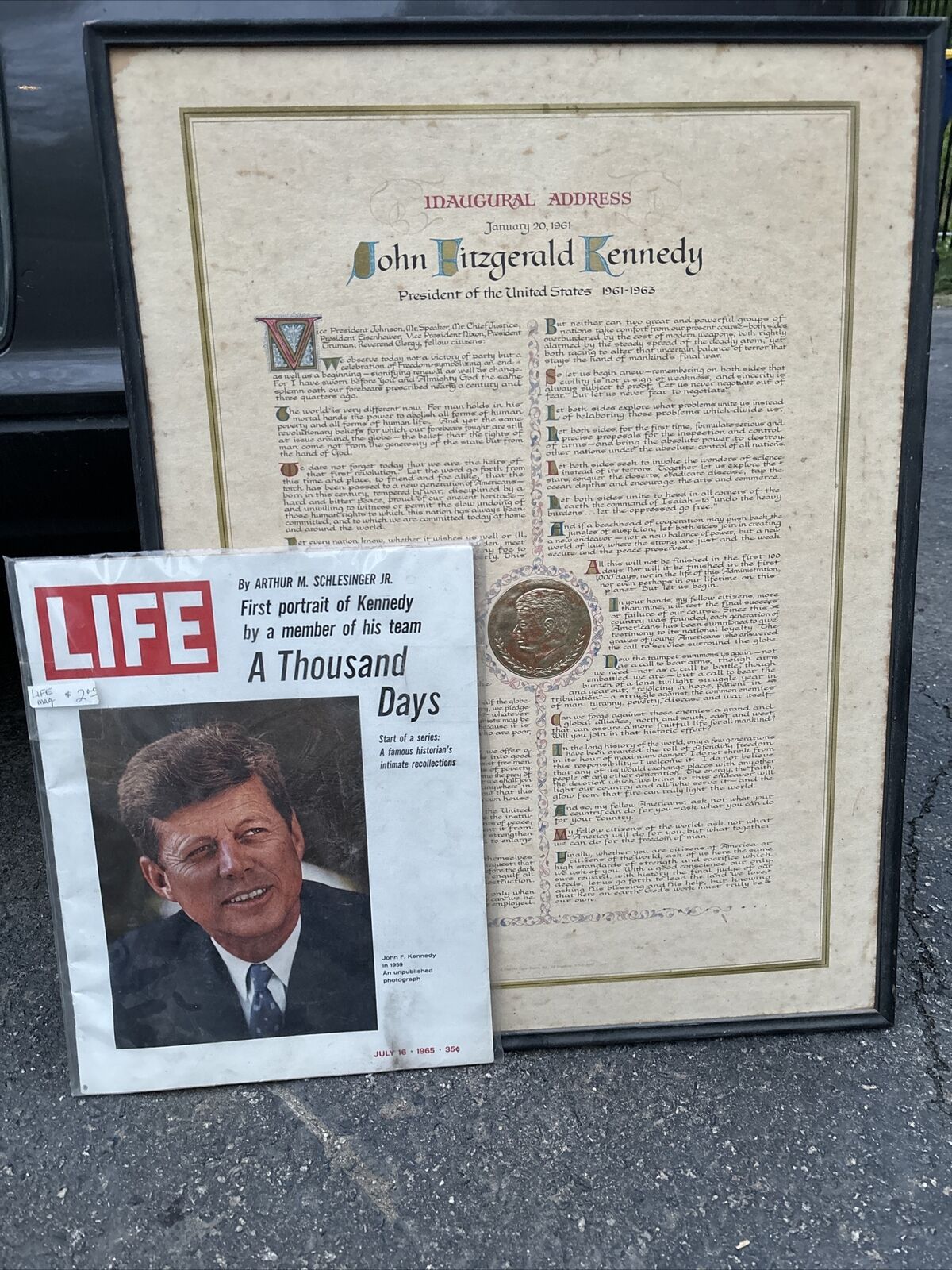 RARE/VINTAGE 1966 Framed John F Kennedy's Inaugural Address W/Life Magazine