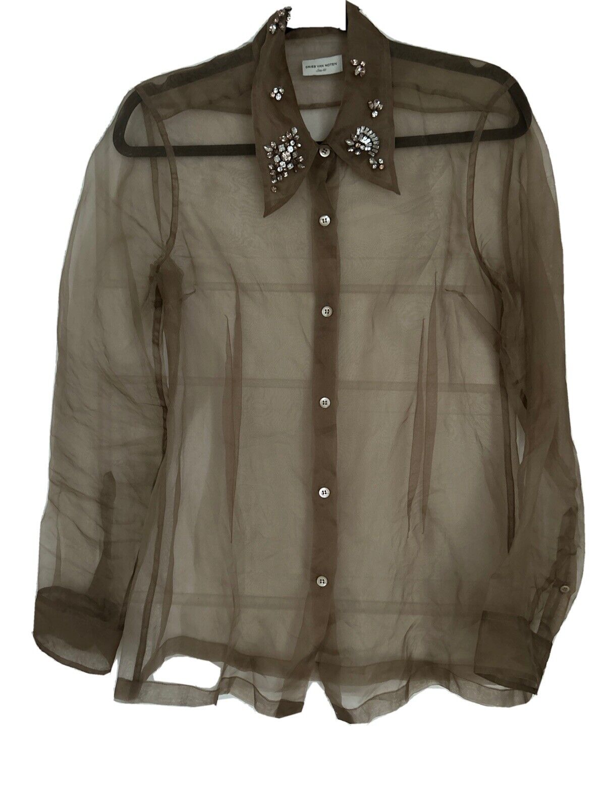 Dries Van Noten Silk Blouse With Jeweled Collar, Size 40