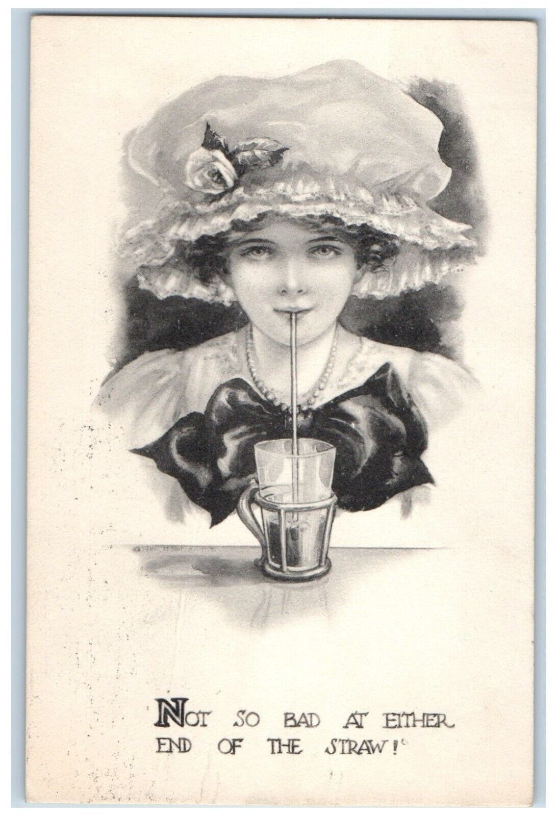 Pretty Woman Postcard Big Hat Soda Fountain Fergus Falls Minnesota MN 1912