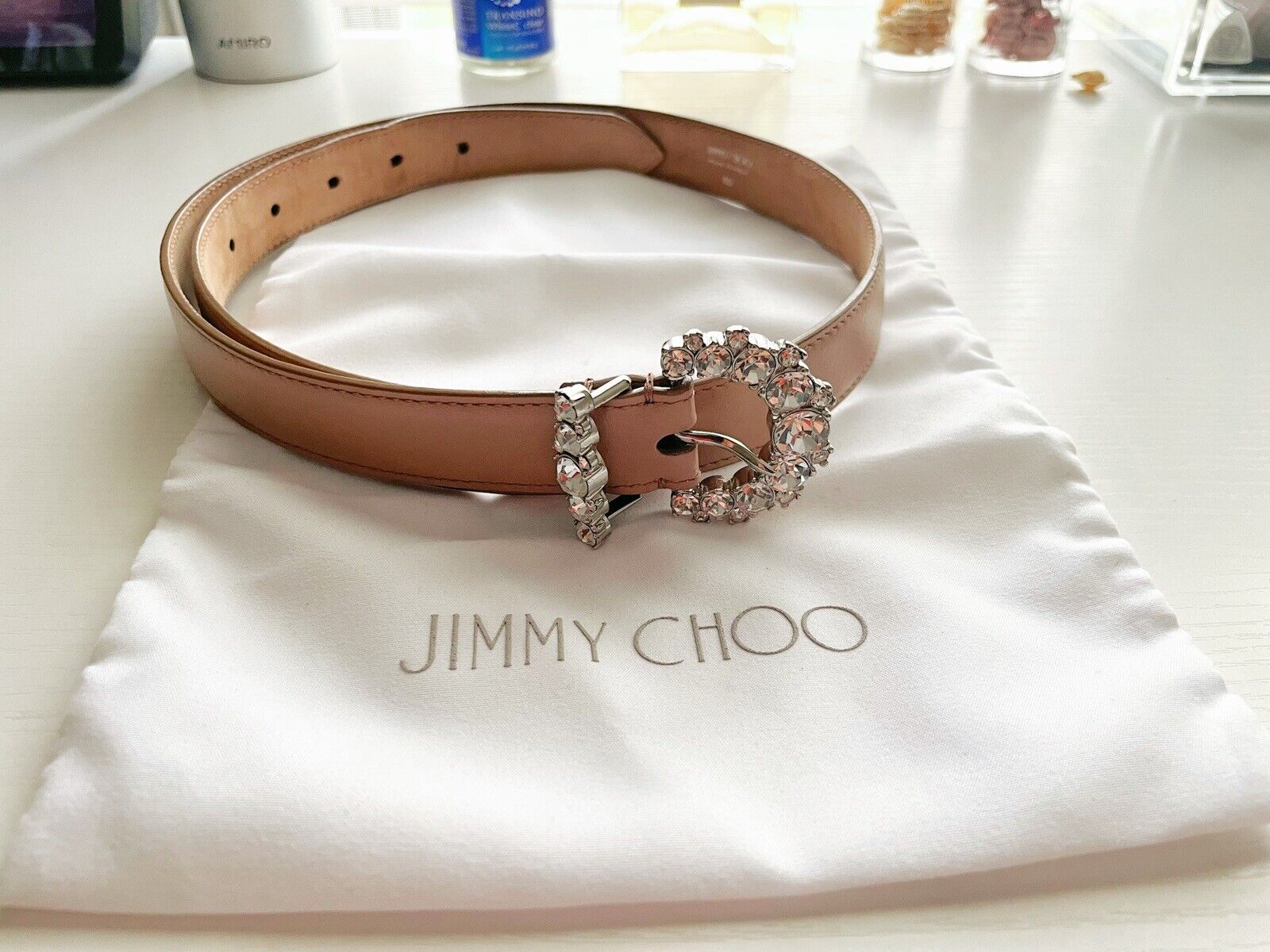 Jimmy Choo Cheri Belt Skinny Crystal Beige