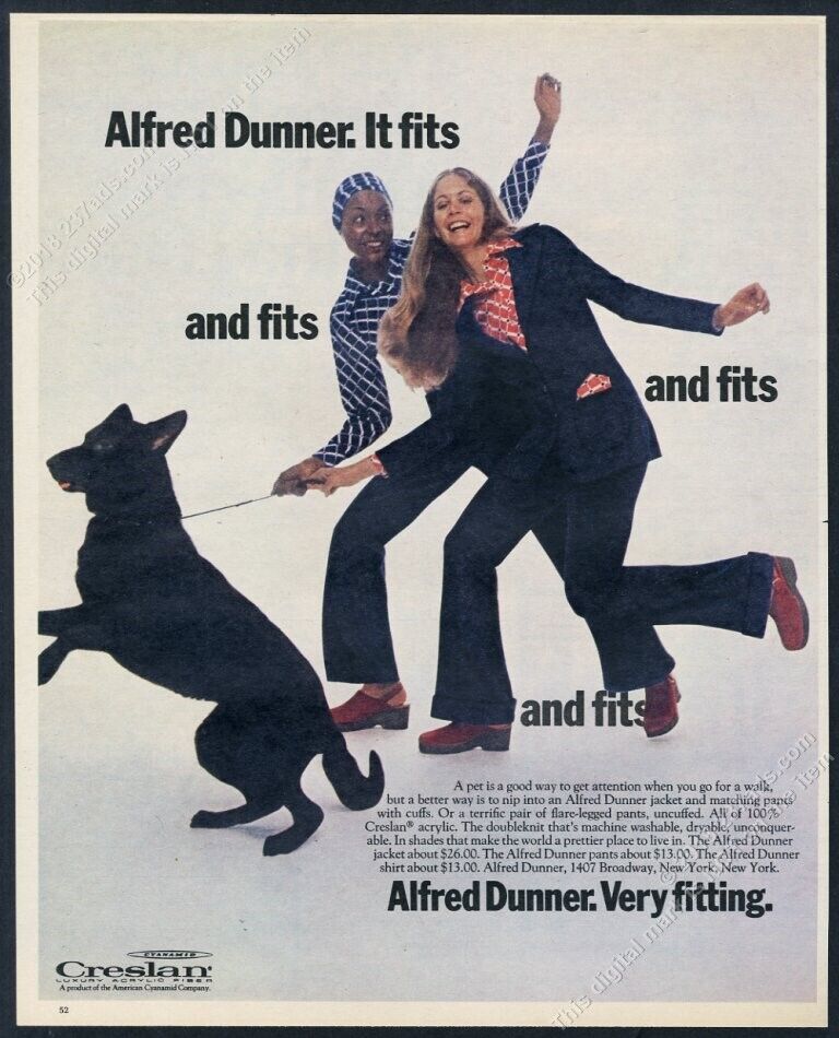 1972 black German Shepherd dog photo Alfred Dunner women\'s jacket fashion ad