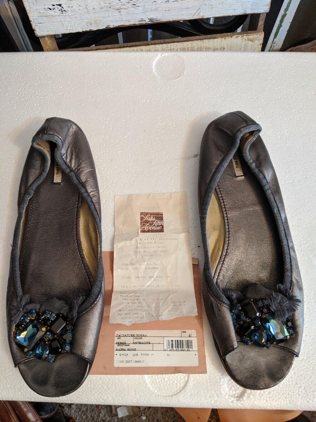 MIU MIU Prada shoe size 41/10 gray peep toe rhinestone jeweled flats $530
