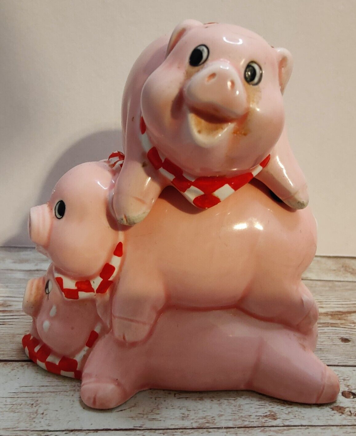 Vintage Papel Stacked Resting Pink Pig On Pigs ~ Salt & Pepper Shakers