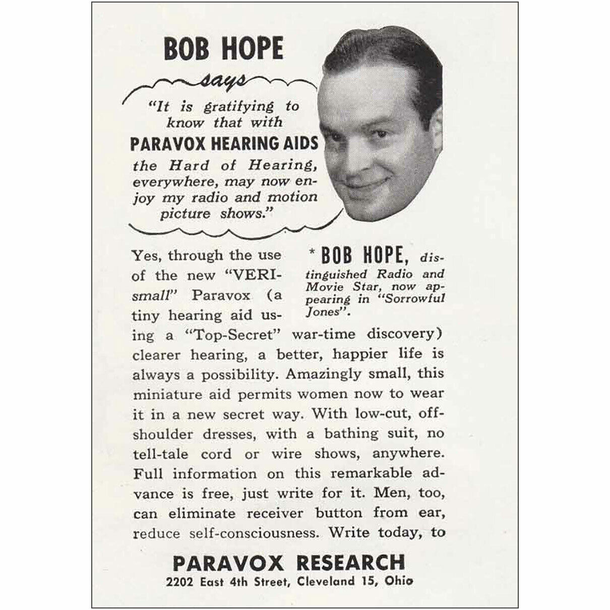 1949 Paravox Hearing Aids: Bob Hope Vintage Print Ad