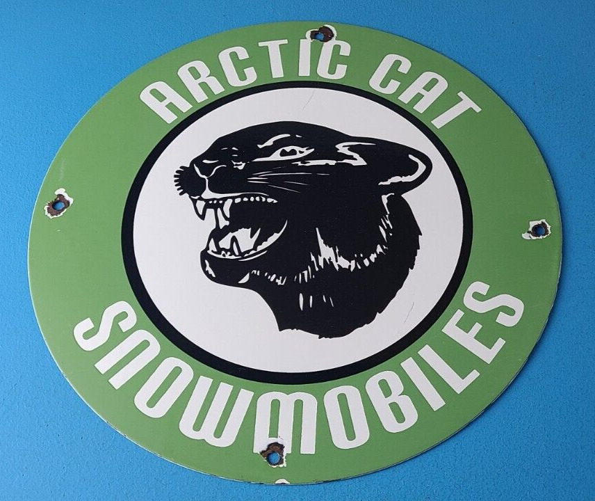 Vintage Arctic Cat Snowmobiles Sign - Sales Winter Sled Porcelain Gas Pump Sign