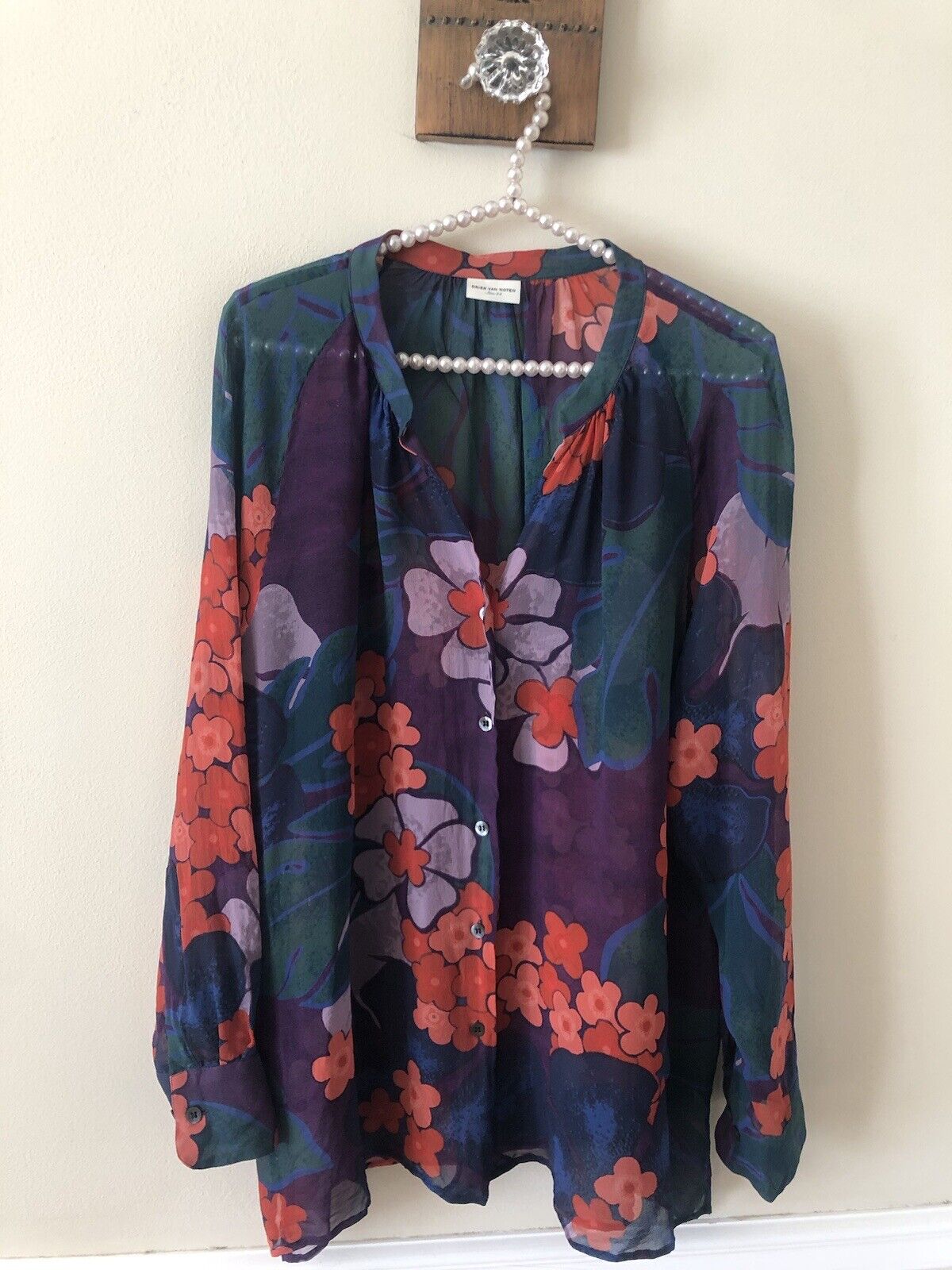 Dries Van Noten Womens Size 44 Euro Floral Silk Blouse Sheer Long Sleeve US 8