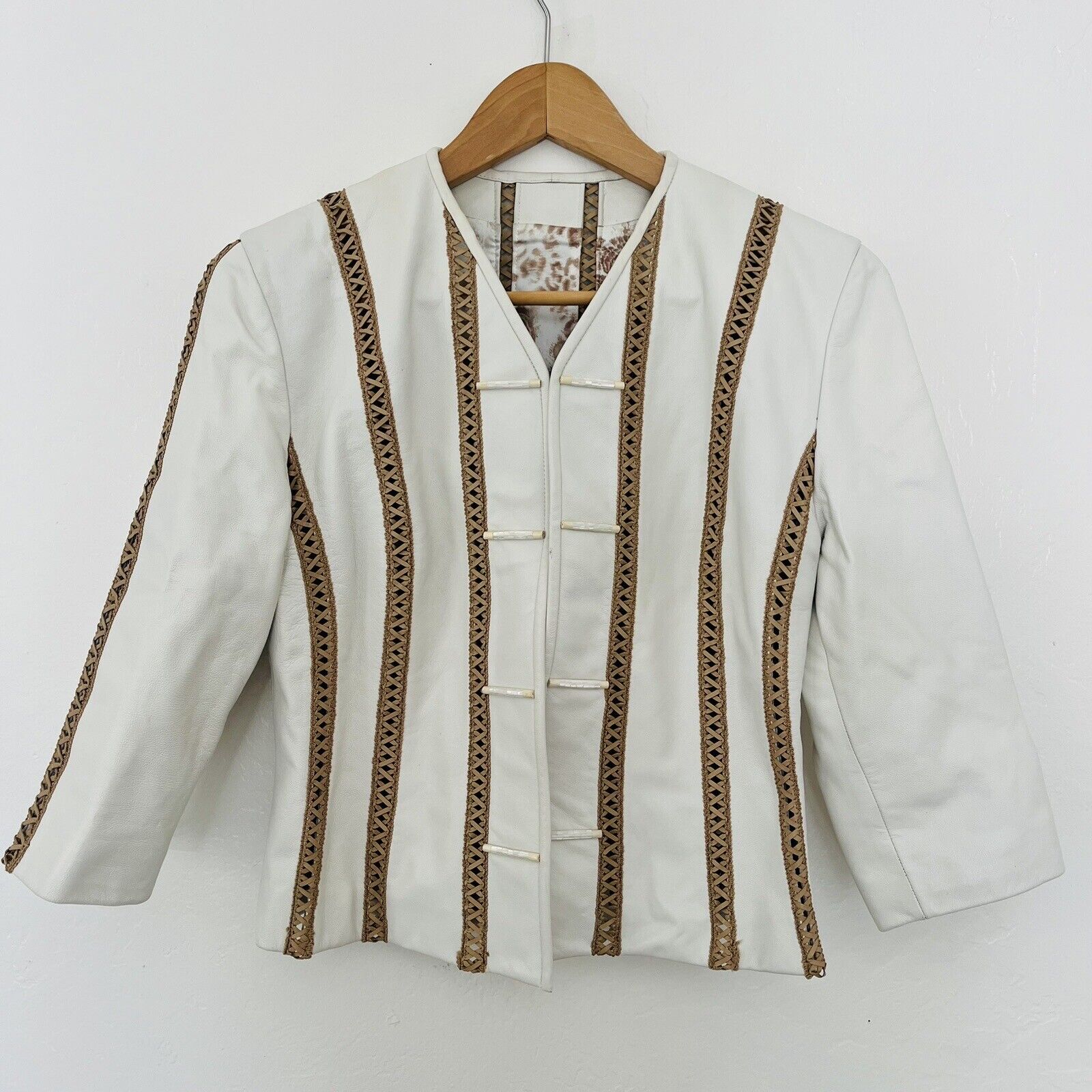 St John Collection Ivory White Leather Tan Cross Stitch Jacket Size 2
