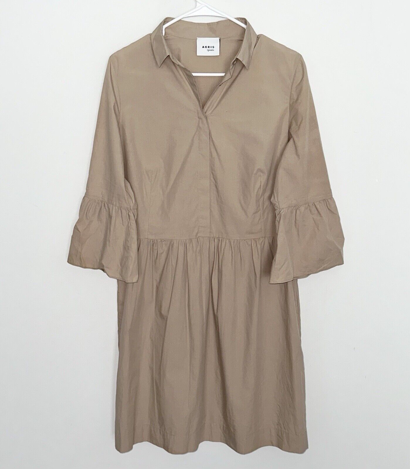 AKRIS PUNTO Shirt Dress Lightweight Cotton 3/4 Sleeve Knee Length Beige Tan 10