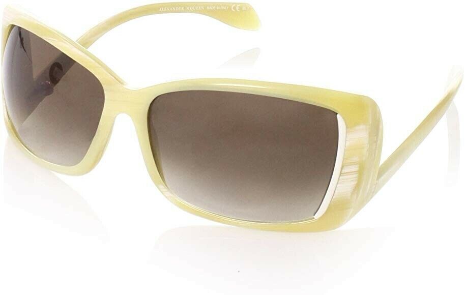 Alexander McQueen Women\'s Rectangular  Wrap Sunglasses Light Horn New