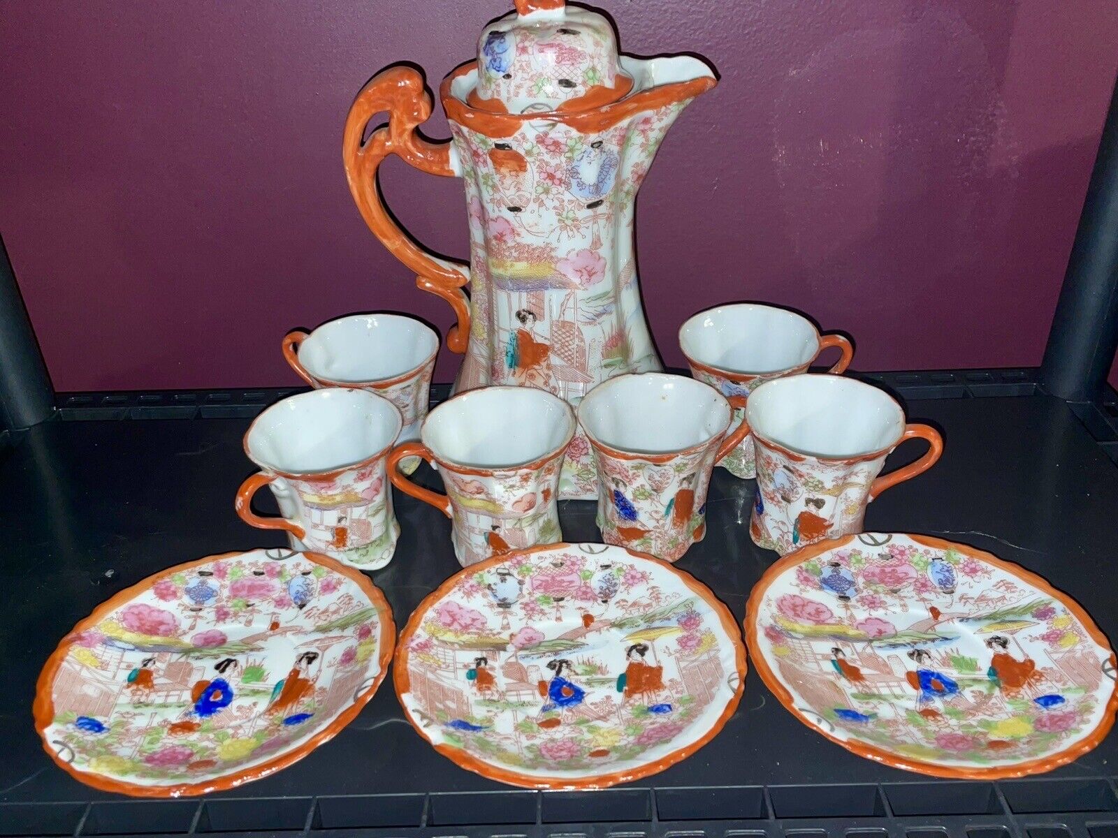 Vintage JAPAN WWII-Era Hand-Painted Japanese Porcelain Tea Kettle Cup Plate Set
