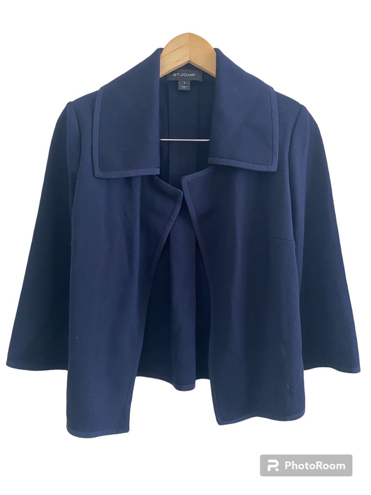 St. John Over Coat Jacket Cardigan Navy Blue Wool Blend Silk Trim Womens Size 6