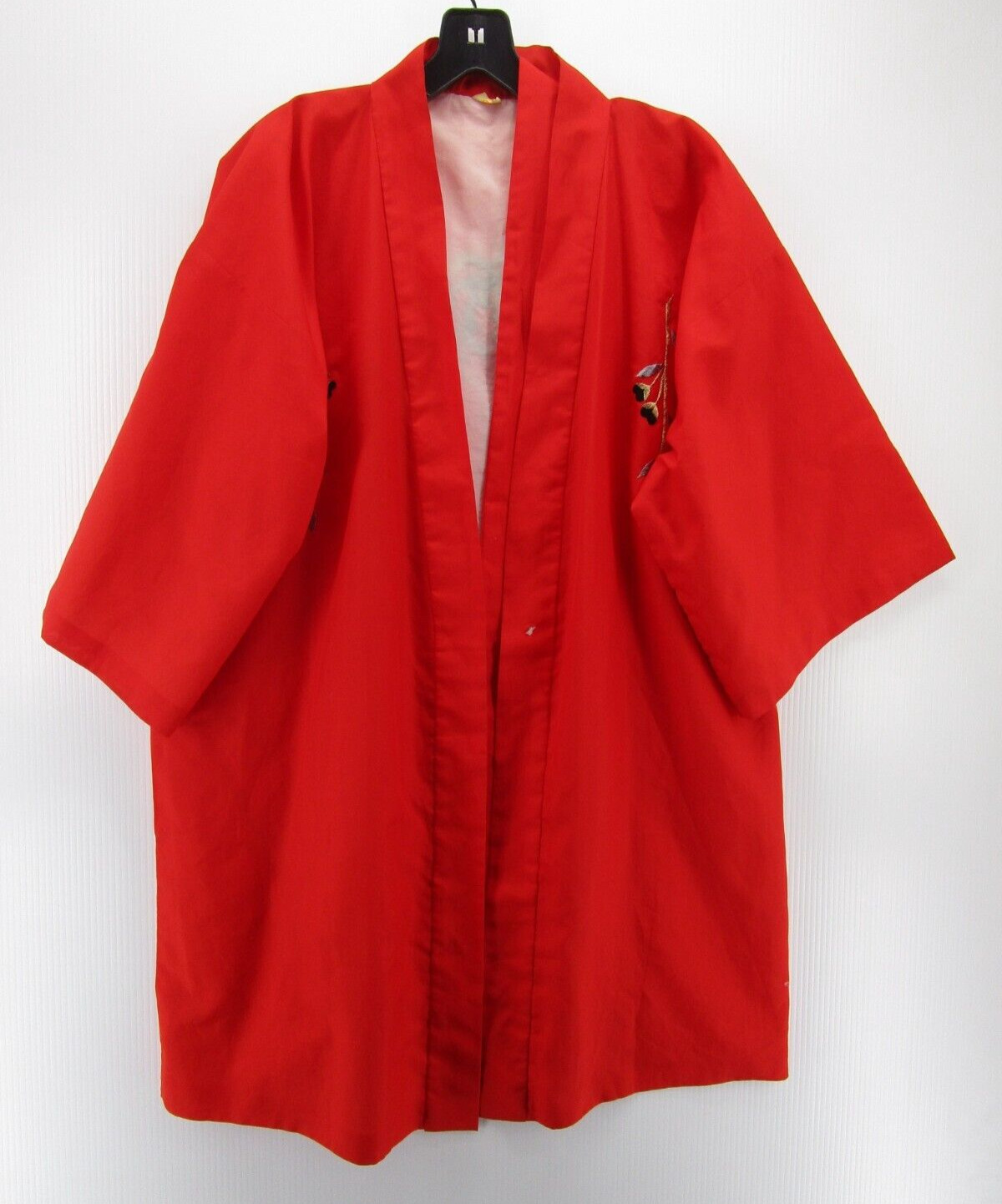 VINTAGE Japanese Kimono Women One Size Red Open Robe Embroidered Oriental 80s *