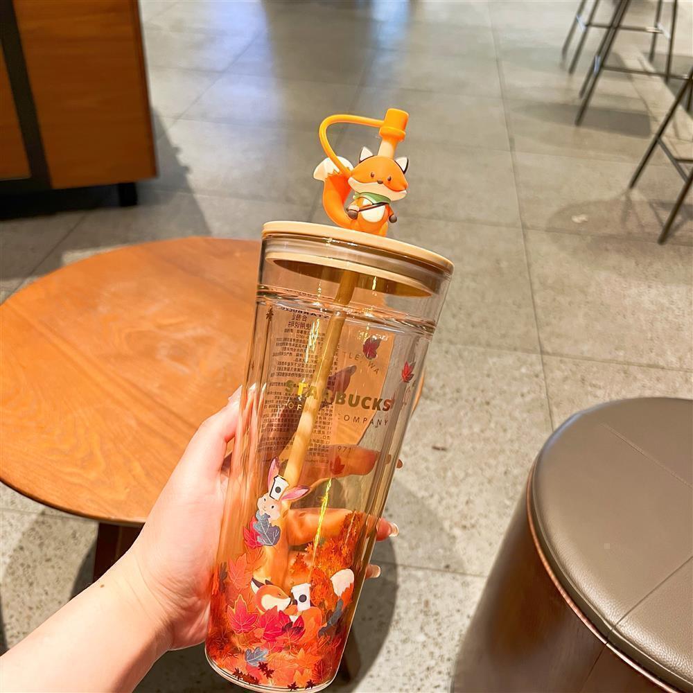 NEW~Starbucks Authentic Autumn fox Cute Rabbit Maple Leaf Cup Tumbler Straw Set