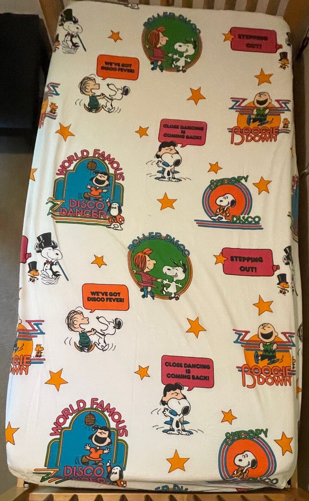 Vtg Peanuts Disco Fever Twin Sheet Set Flat Fitted 70\'s Snoopy Lucy Linus Boogie
