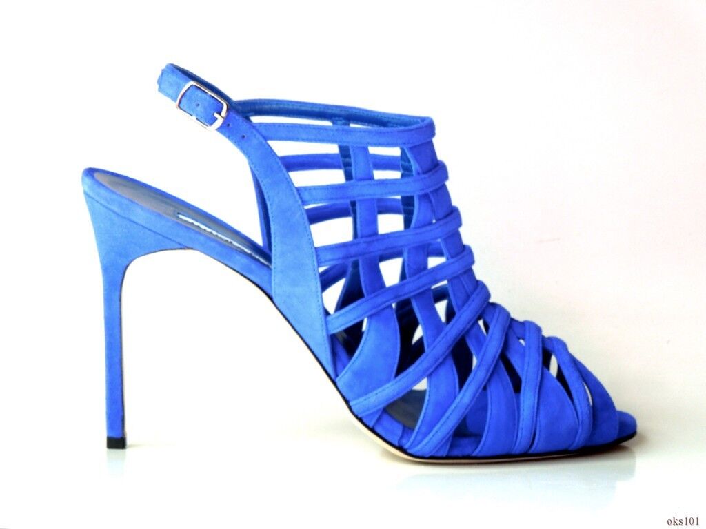 new $1115 MANOLO BLAHNIK Dance2 Blue Francia cobalt suede caged shoes 41.5 11.5