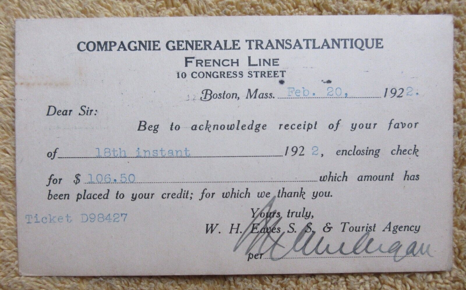 1922 COMPAGNIE GENERALE TRANSATLANTIQUE  FRENCH LINE RECEIPT NOTICE POSTCARD