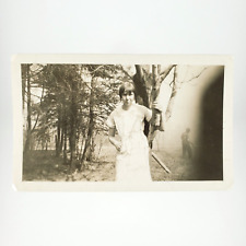 Girl Holding Tree Limb Photo 1920s Misty Forest Farm Young Woman Snapshot A4283 picture